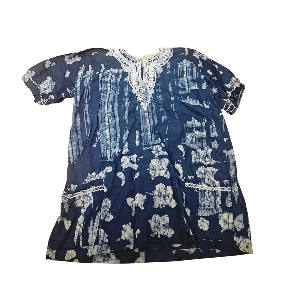 Indigo Batik Dress Lace Boho Short Sleeve Cover-Up | Beach Caftan Tunic - Picture 1 of 4